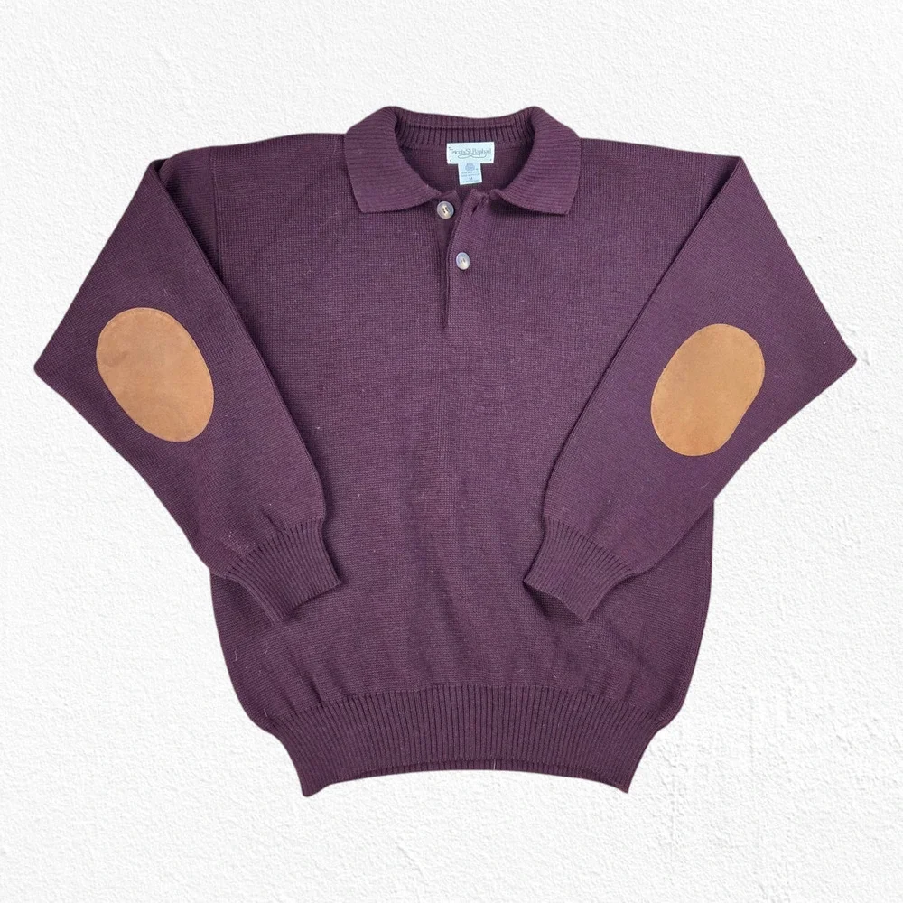 80s Vintage Tricots St. Raphael Burgundy Polo Elbow Patch Sweater Size Medium